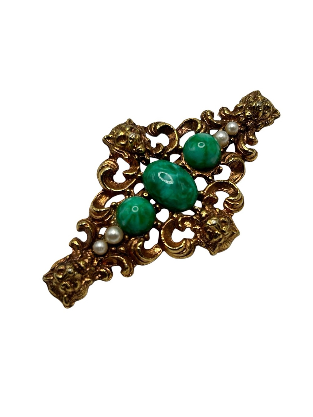 Vintage Renaissance Revival Lion Head Czech Glass Brooch
